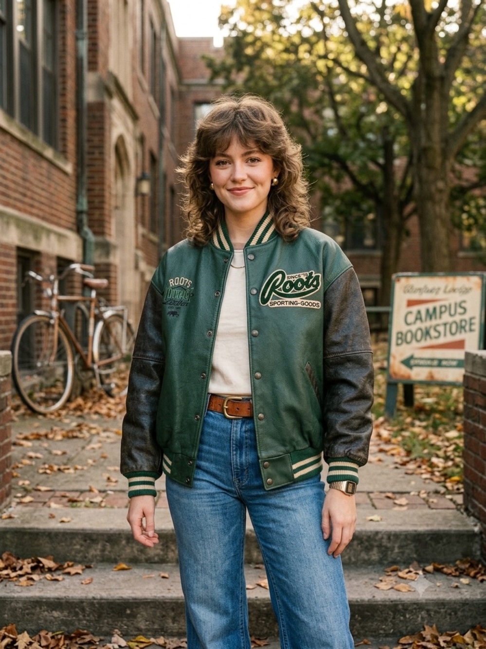 90s Vintage Roots Canada Green Leather Letterman Jacket with Cream Trim Size XL